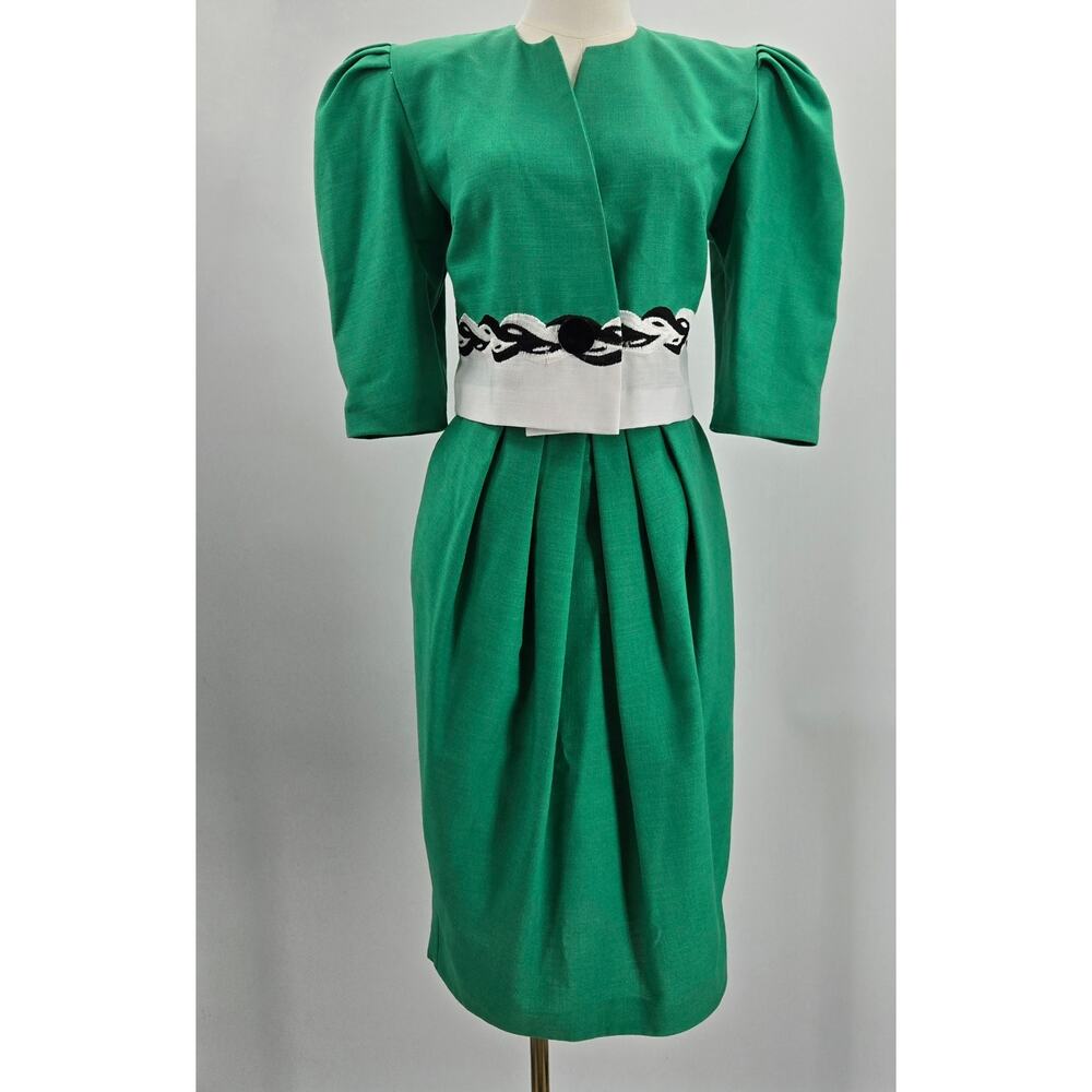 Cynthia Marty Vtg 80s Embroidered Puff Sleeve Top Pleated Midi Skirt Suit Set 6